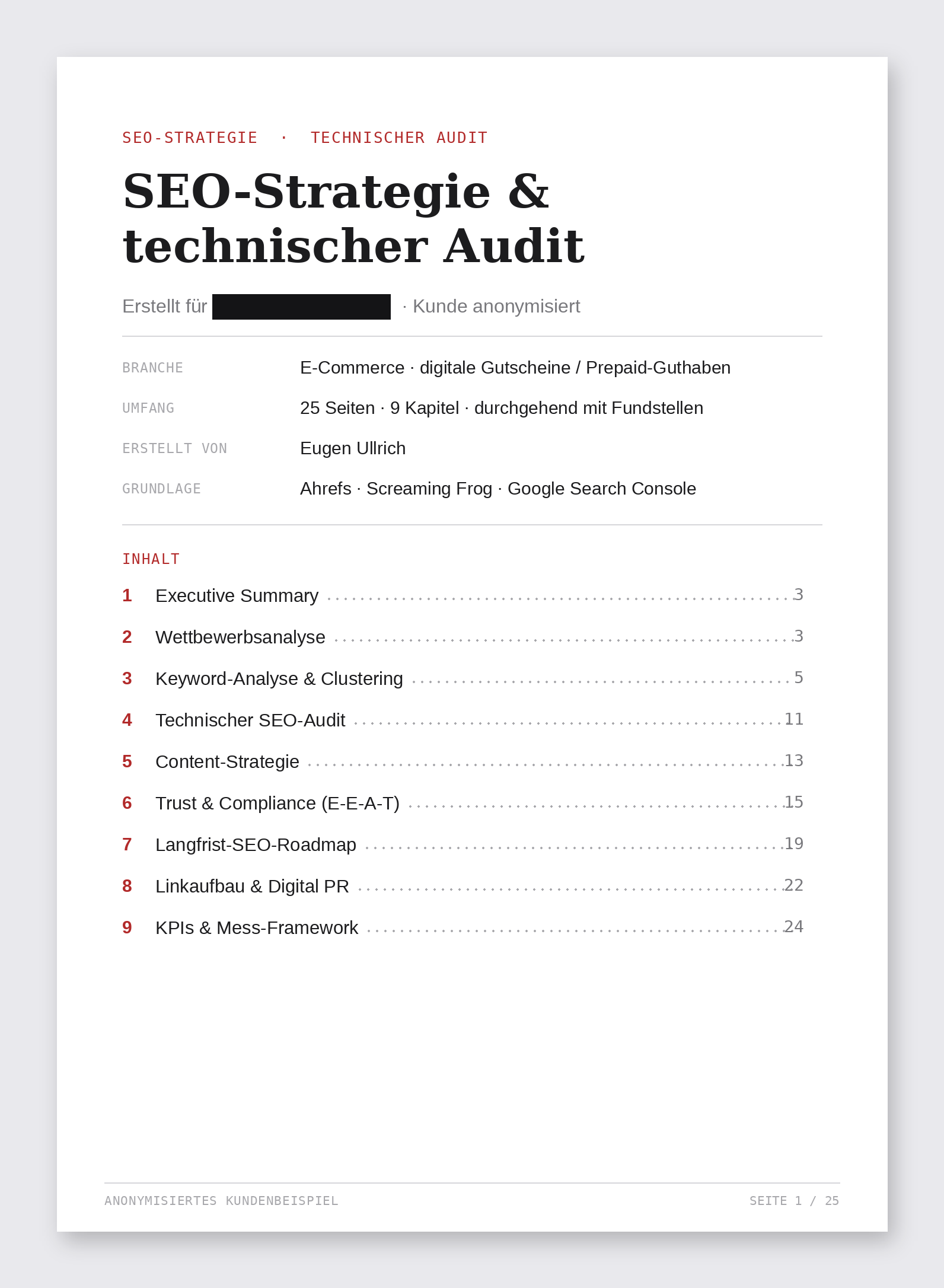 Deckblatt des SEO-Audits mit Metadaten und Inhaltsverzeichnis über 9 Kapitel
