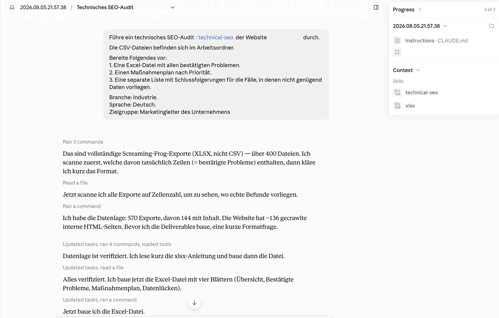 Claude Cowork mit dem eingehängten Exportordner und dem Audit-Prompt im Chat.