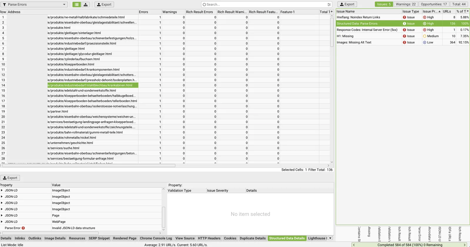 Screaming Frog, Structured-Data-Tab, Filter Parse Errors: Errors gleich 1, Rich Result Errors gleich 0.