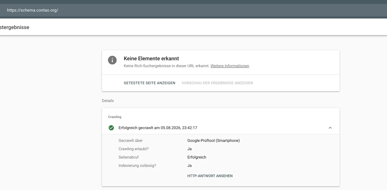 Google Rich Results Test für schema.contao.org mit der Meldung „Keine Elemente erkannt“, Seite erfolgreich gecrawlt und indexierbar.