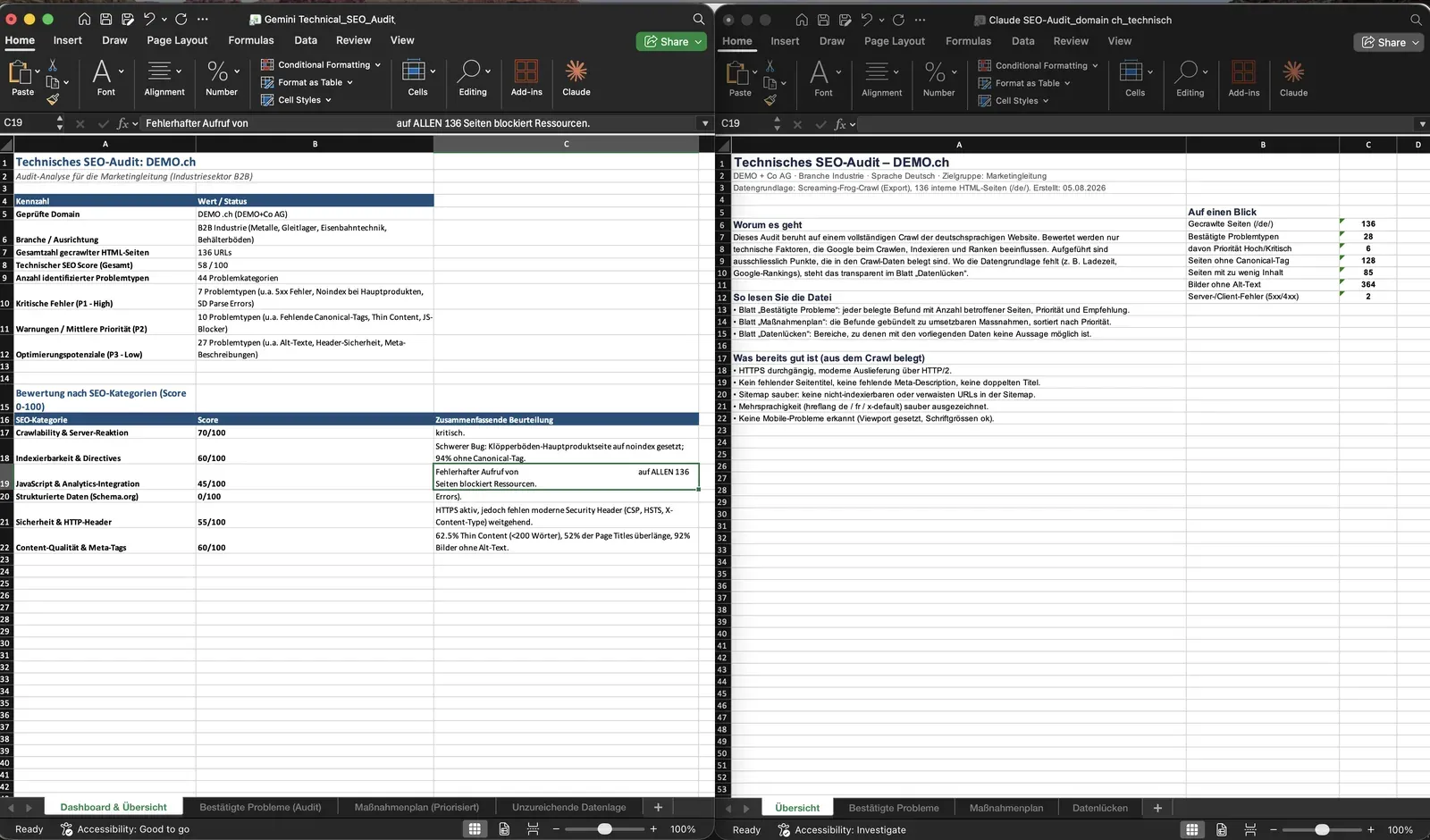 Zwei Excel-Ergebnismappen nebeneinander, die Ergebnisse zweier Modelle auf identischem Crawl-Input.