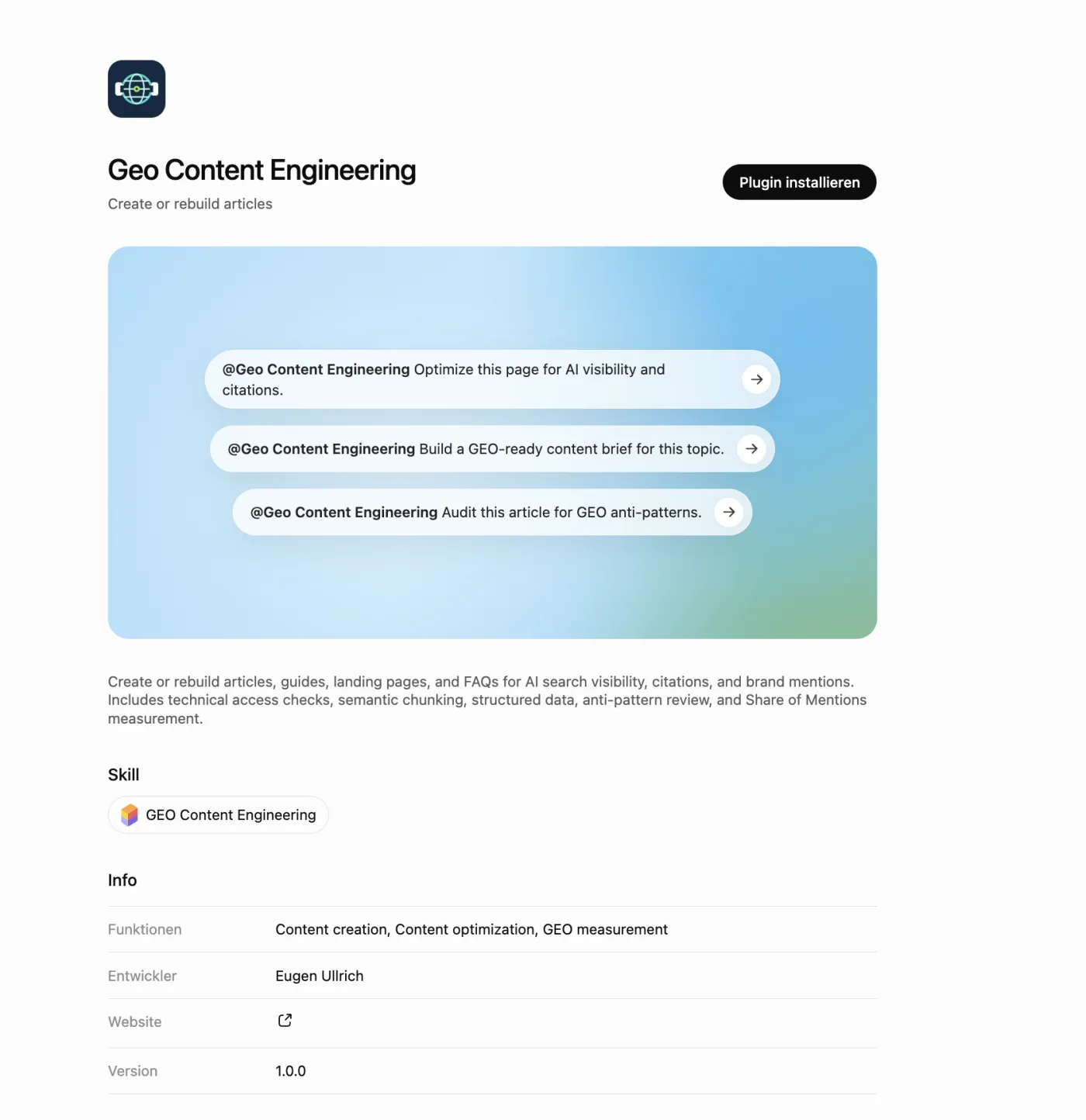 GEO Content Engineering als Skill im ChatGPT-Katalog