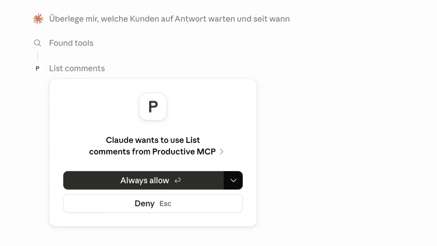 Claude-Berechtigungsdialog vor dem Zugriff: List comments from Productive MCP, mit den Optionen Always allow und Deny